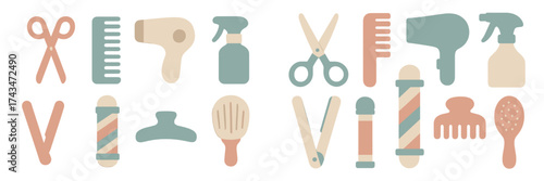 Colorful set of hair salon tools arranged neatly on a white background, showcasing various implements for hairstyling and grooming