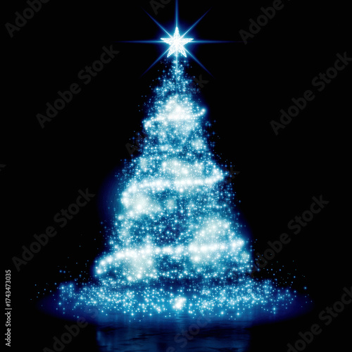 Blue Light Particle Christmas Tree with Star on Black