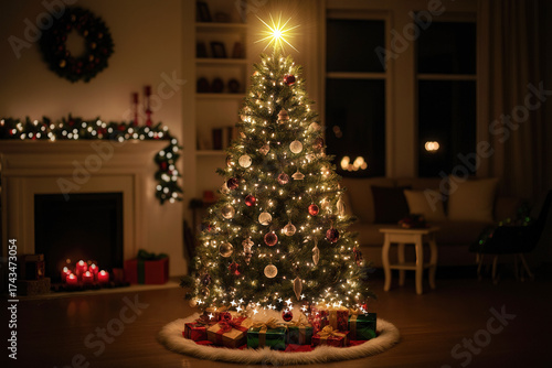 Decorated Christmas Tree with Gifts in Living Room