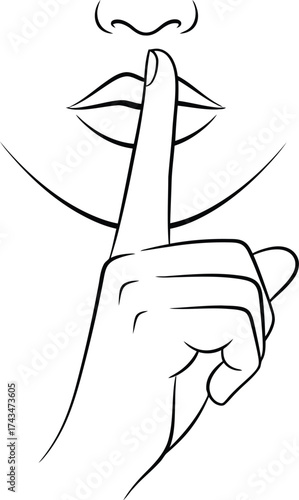Decorum, silent, be quiet, dont talk finger and mouth hand gesture vector sketch illustration icon 