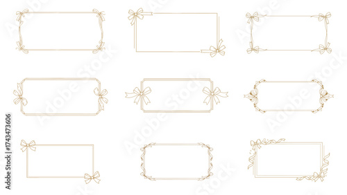 Luxury gold rectangle wedding ribbon frame set with refined bows, thin line art_wedding invite, menus, certificates, boutiques and spa