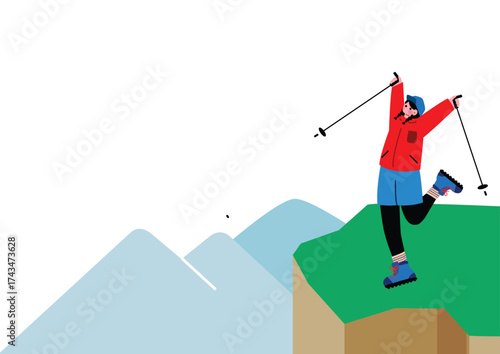 山の頂上に辿り着く女性