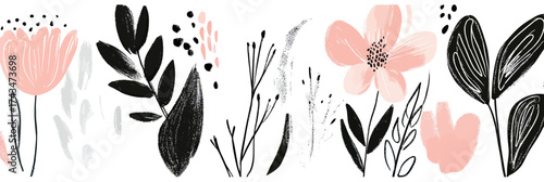 Abstract floral composition with black ink leaves and soft peach hand drawn flowers in minimalist vector style for nature design and decoration elements