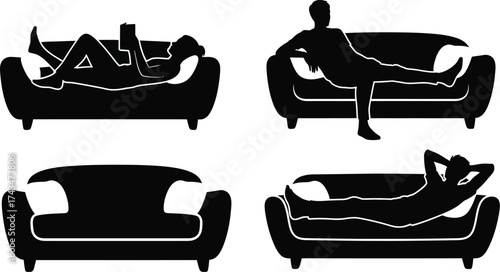 People relaxing on a couch. People sitting on a sofa, couch with various sitting and reclining postures. 
