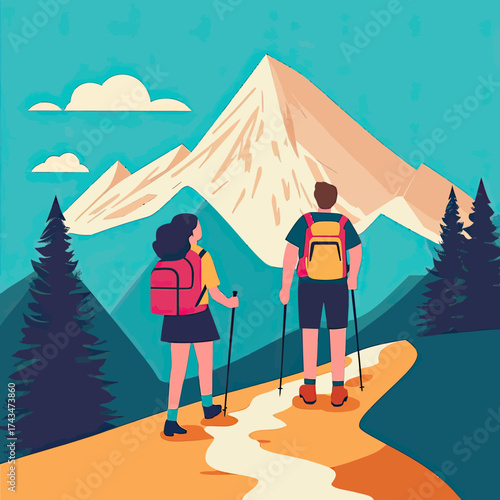 Couple hikers with backpacks trekking path mountain peak pine trees outdoor adventure scenic landscape flat vector illustration