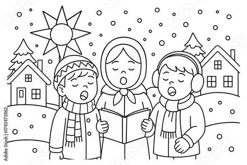Carolers coloring page ,Christmas carolers, winter choir, kids singing, snow village, holiday season