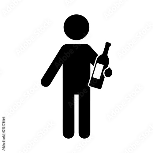 Stickman holding wine bottle icon. Drunk man with alcohol, addiction or drinking problem concept, silhouette person standing with liquor bottle, black vector illustration isolated on white background.