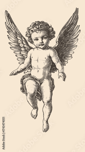 Detailed vintage engraving style cherub angel with spread wings and curly hair flying, classical mythological figure illustration in monochrome line art