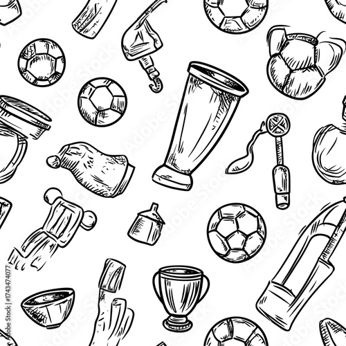 Seamless hand drawn doodle pattern with soccer balls, trophies, whistles, cleats, goalkeeping gloves, water bottles, and football boots in sketch style vector illustration