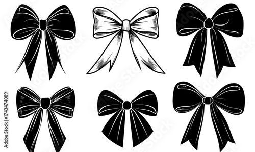 Collection of six black and white hand-drawn style bow illustrations with ribbons in flat minimalist vector design for decoration and gift wrap concepts