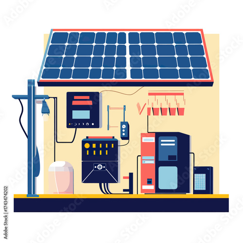 Solar power energy storage system with battery bank inverter controller charger panel electricity schematic vector illustration flat design minimalistic