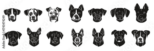 Collection of minimalist black and white vector dog head portraits with various breeds in flat silhouette style isolated on white background for pet and animal design concept