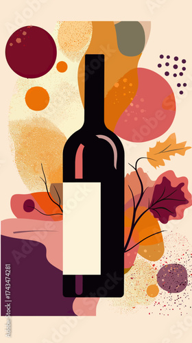 Abstract wine bottle with autumn leaves and colorful geometric shapes minimalist flat vector illustration for seasonal design and wine festival decor background