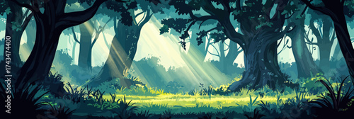 Mystical forest clearing with ancient trees illuminated by sunlight shafts lush green undergrowth peaceful nature scenery flat minimalist vector digital art design