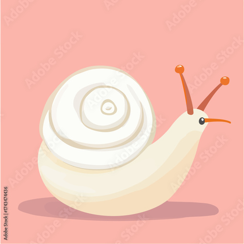 Minimalist flat vector illustration of white snail with spiral shell on soft pink background simple cute design for cosmetic or skincare theme