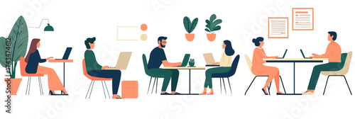Flat minimalist vector illustration of diverse business people working remotely and in coworking office spaces with laptops and plants