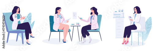 Female doctor consultations with woman patient prescribing medication, healthcare appointment, medical advice, clinic visit, flat vector illustration