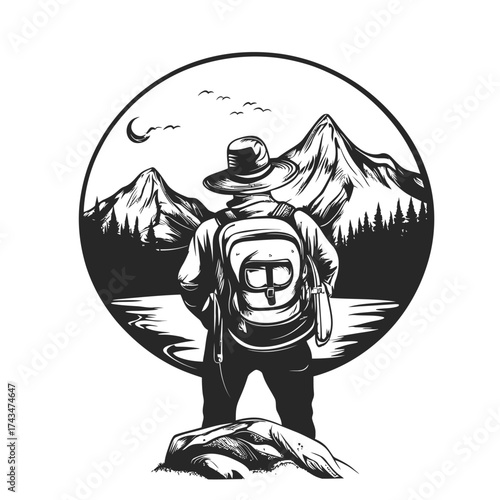Backpacker adventurer standing on rock overlooking mountain lake forest landscape vintage black and white line art illustration vector