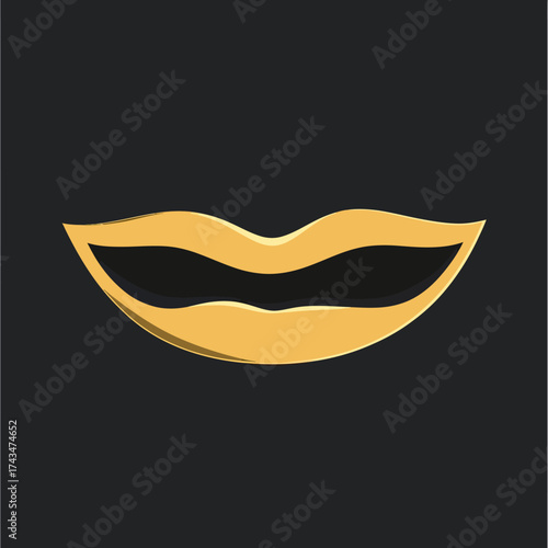 Minimalist flat vector illustration of golden lips silhouette on black background with shadow effect for beauty and fashion design concept