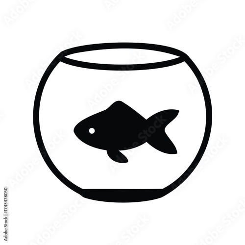 A simple black and white icon of a goldfish in a fishbowl