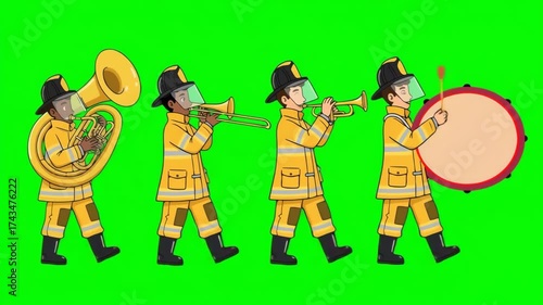 A street firefighter band marches at a carnival. cartoon style, isolated on green screen, chroma key, footage, mockup, loop.	