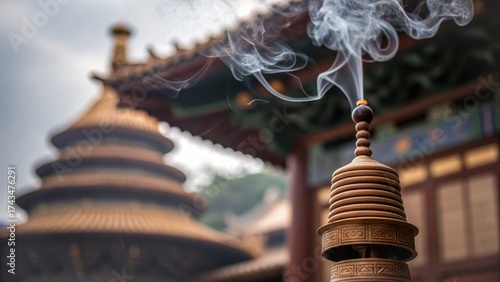 spiritual journey nepal A temple bell emits smoke, surrounded by traditional architecture, conveying a serene atmosphere.