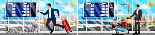 Man with red suitcase running hurry to airplane at airport terminal. Time pressure and delayed departure concept flat style.
