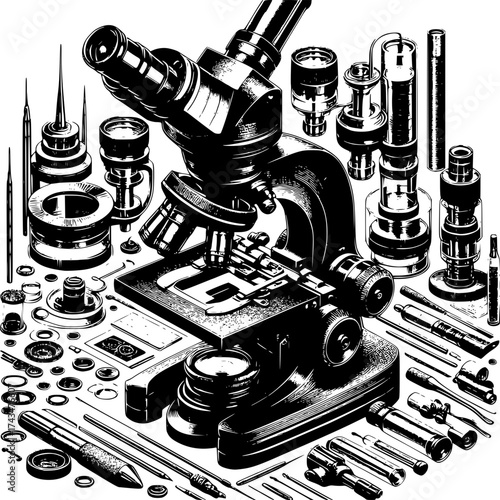 Microscope Dissection: A detailed and intricate black and white illustration showcases a vintage microscope surrounded by its various disassembled parts.