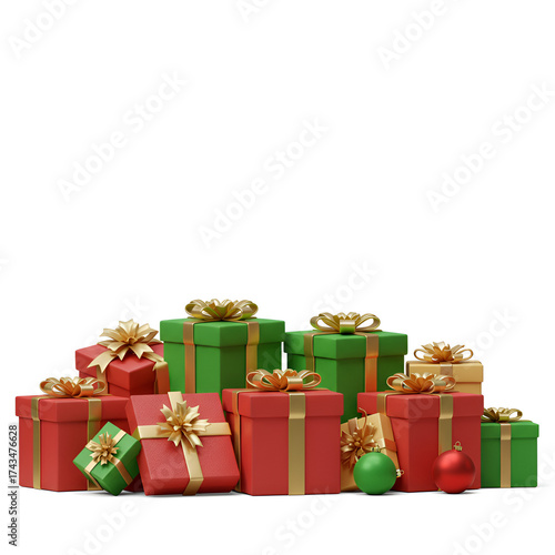Festive Christmas gifts in red, green, and gold with elegant bows are stacked high for holiday cheer