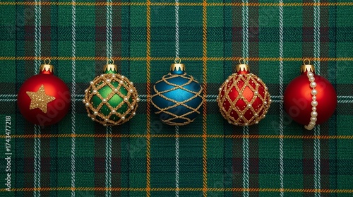 Elegant Christmas flat lay with colorful baubles and ornaments arranged on green tartan plaid fabric background, featuring red, blue, and gold decorations for festive holiday design