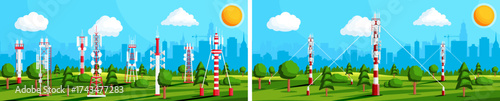Communication tower. Telecommunication antennas 4g 5g network. Broadcasting satellite antenna connection. Wireless signal transmission.