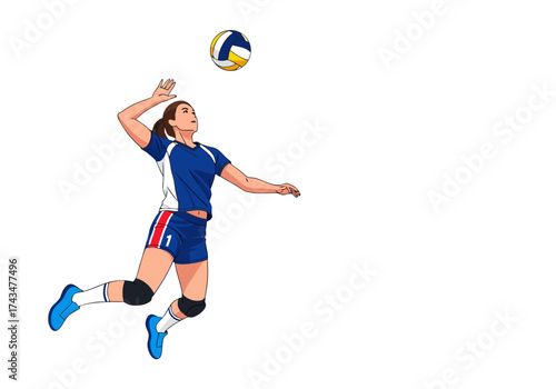 Dynamic illustration of a female volleyball player in mid-air during a game, preparing to serve the ball with intensity and focus