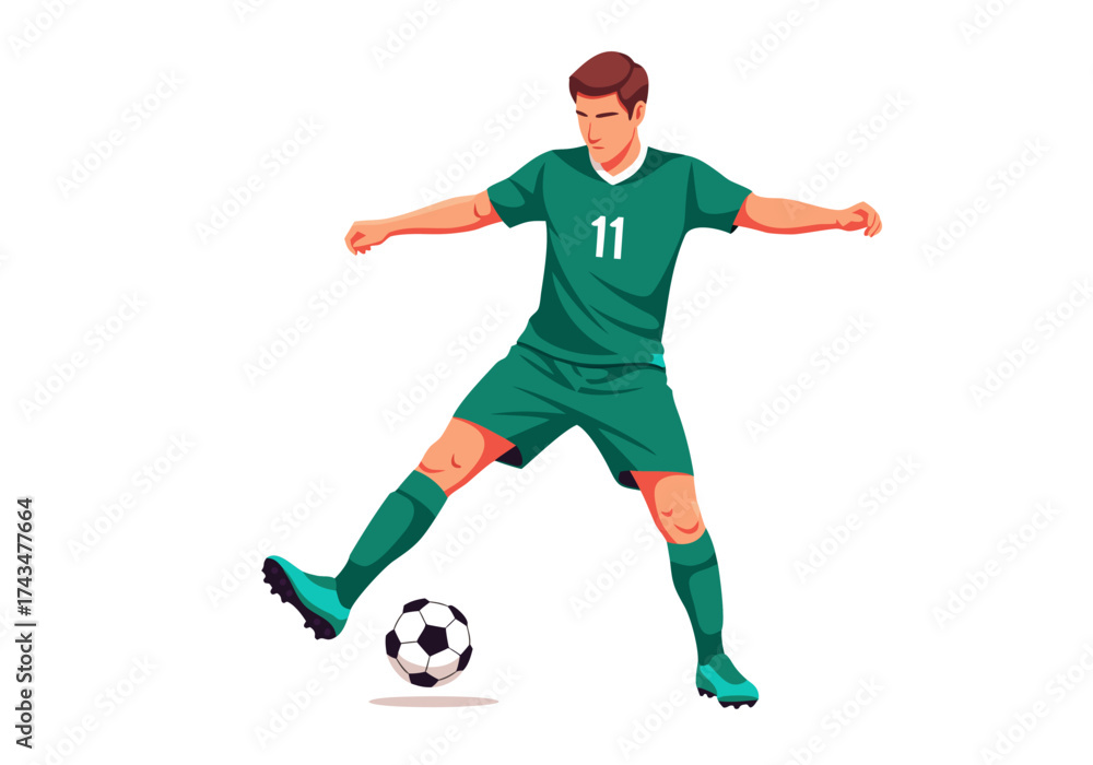 Obraz premium Young Male Soccer Player in Green Uniform with Number 11 on Shirt, Kicking a Soccer Ball on a White Background