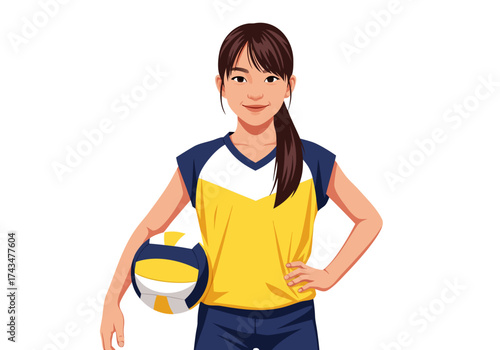 Young female volleyball player in uniform holding a volleyball, ready for the game, athletic, and energetic pose, white background