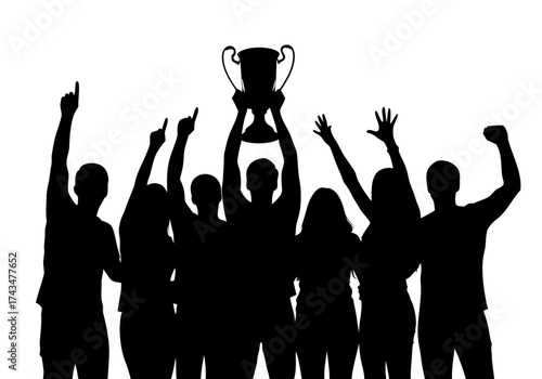 Silhouette of a victorious team celebrating with a trophy, symbolizing achievement and success