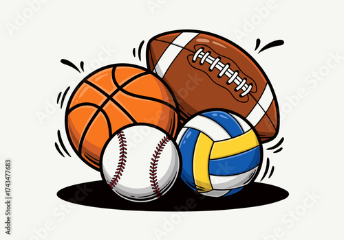 A collection of popular sports balls including basketball, baseball, volleyball, and American football, perfect for sports enthusiasts and graphic design projects