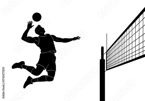 Silhouette of a male volleyball player in mid-air, spiking the ball over the net during a game, dynamic action shot