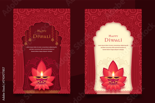 Luxurious vertical vector pair for Happy Diwali Detailed red and gold designs with a glowing Lotus Diya, ornate Indian arch frames and a subtle Mandala pattern. Perfect for festive greetings.