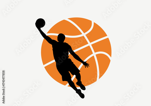 Illustrative Graphic of a Basketball Player Dunking Against the Backdrop of a Basketball
