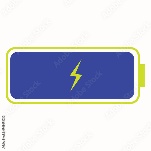 blue battery charging indicator, full charged battery icon flat design drawing style representing battery power status, used in digital devices to display remaining battery life, charging status
