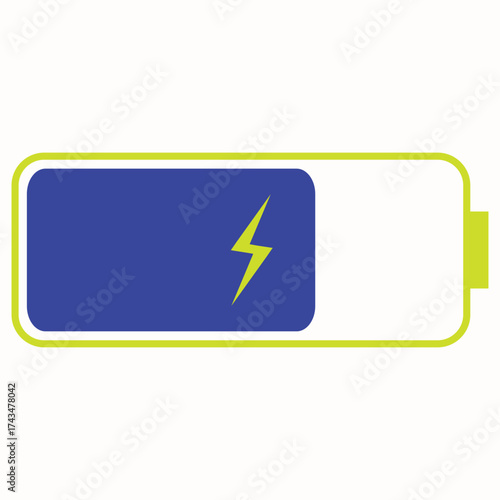 blue battery charging indicator, full charged battery icon flat design drawing style representing battery power status, used in digital devices to display remaining battery life, charging status