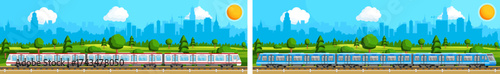 Modern public transport subway train on tracks with nature landscape. Passenger city suburban railway commute. Travel and transportation concept.