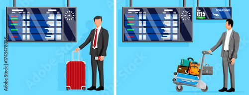 Man with red suitcase checking flight information at airport arrival and departure board. Travel and business trip concept.
