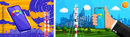 Man hand holding smartphone with high speed internet signal indicator near cell tower. Mobile connection technology for speedy communication.