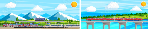 Modern passenger and high speed train at railway station and on bridge. Flat style stock vector set collection illustration for public transportation.