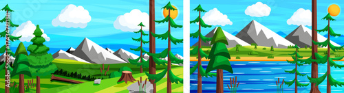 Mountain landscape with forest and lake. Flat style nature background with green hills, white peak and blue sky. Outdoor scenery.