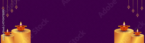 Vibrant, luxurious Happy Diwali vector banner: Brightly lit gold and pink arch and Mandala on rich purple with diyas on golden pedestals. Perfect for digital banners and holiday promotions.
