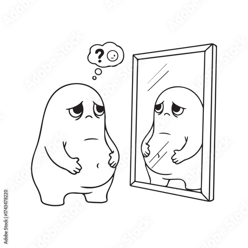Sad character looking in a mirror at their belly, a concept of body image issues, weight insecurity, and low self-esteem, minimalist line art.
