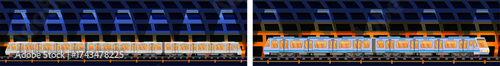Subway train at an underground station with dark abstract walls and bright interior lights. Modern city transportation system.