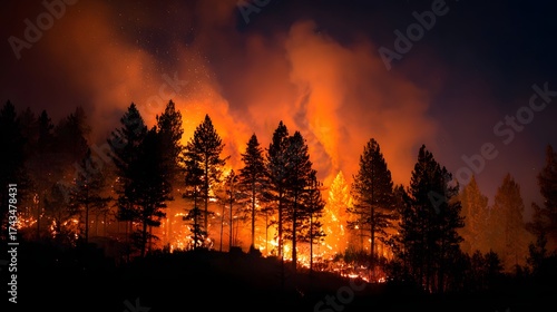 Intense forest fire raging at night, with tall trees silhouetted against the bright orange flames and smoke billowing upwards into the dark sky, conveying a sense of destruction and nature's power.